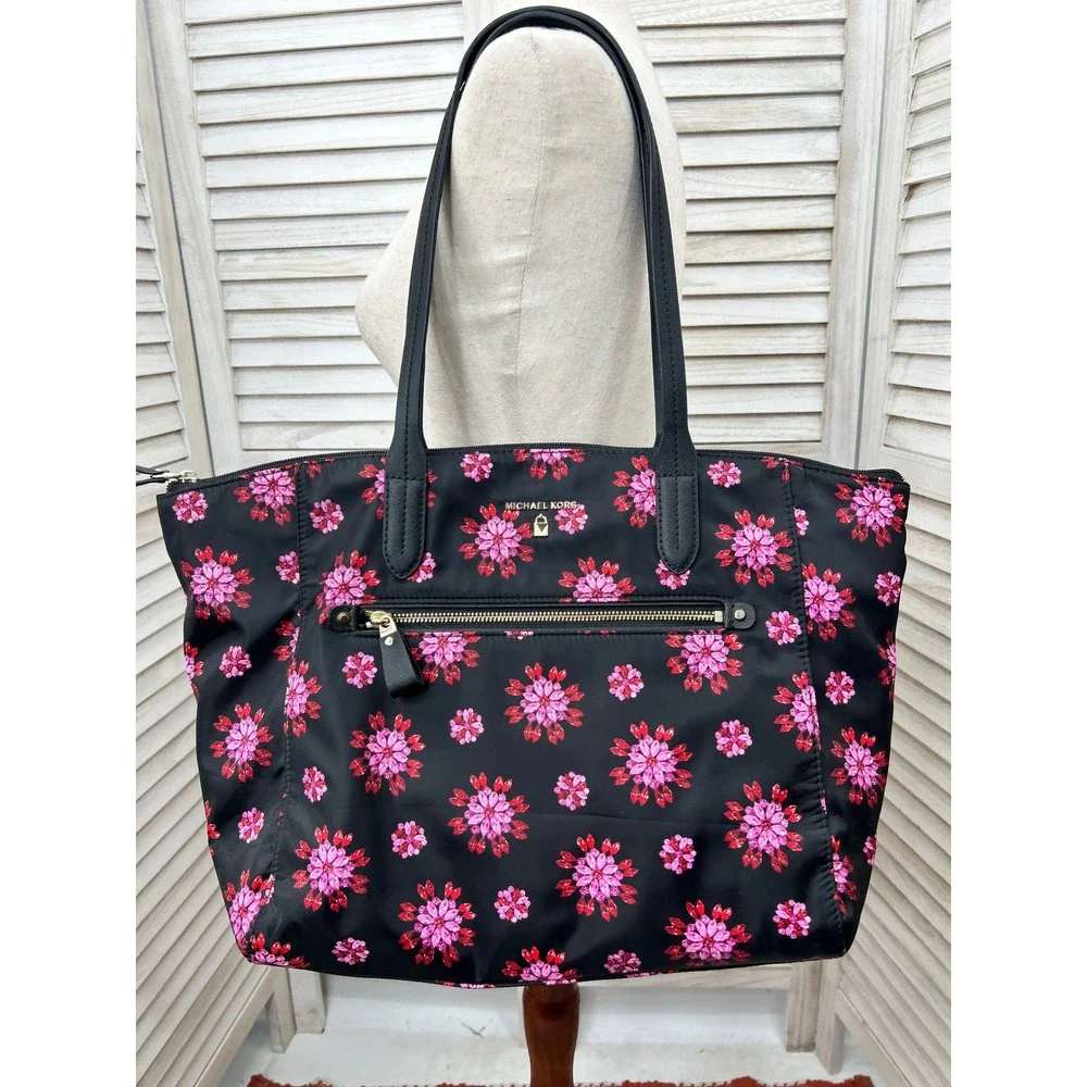 Michael Kors Nylon Kelsey Tote Bag Black & Pink Gem Floral Laptop Bag Work Purse